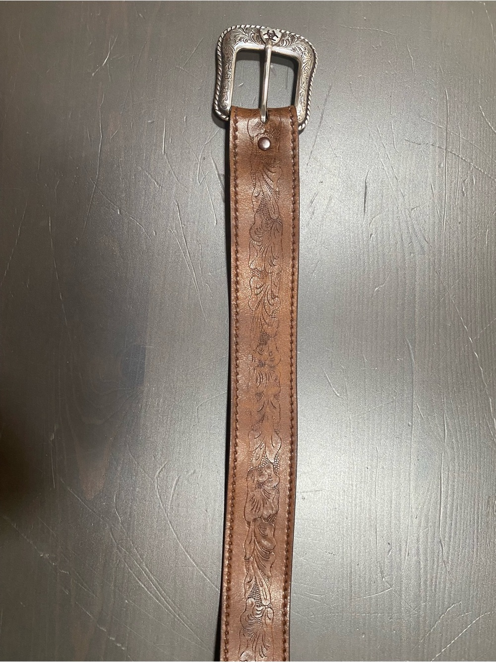 Ariat Western Tooled Leather Belt Brown Silver Filigree Buckle Size Medium 34 36